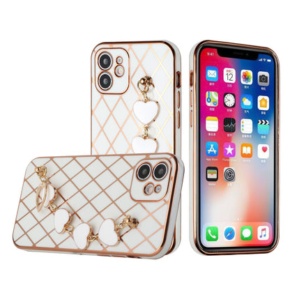 For Apple iPhone 11 (6.1") Electroplated Grid Diamond Lines with Hearts Chain Fashion Holder Hybrid Design TPU Hard PC  Phone Case Cover