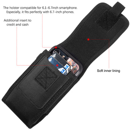 Universal Vertical Nylon Cell Phone Holster Case with Dual Credit Card Slots, Belt Clip Pouch and Belt Loop for Apple iPhone Samsung Galaxy LG Moto All Mobile phones Size 7" Universal Nylon [Black]