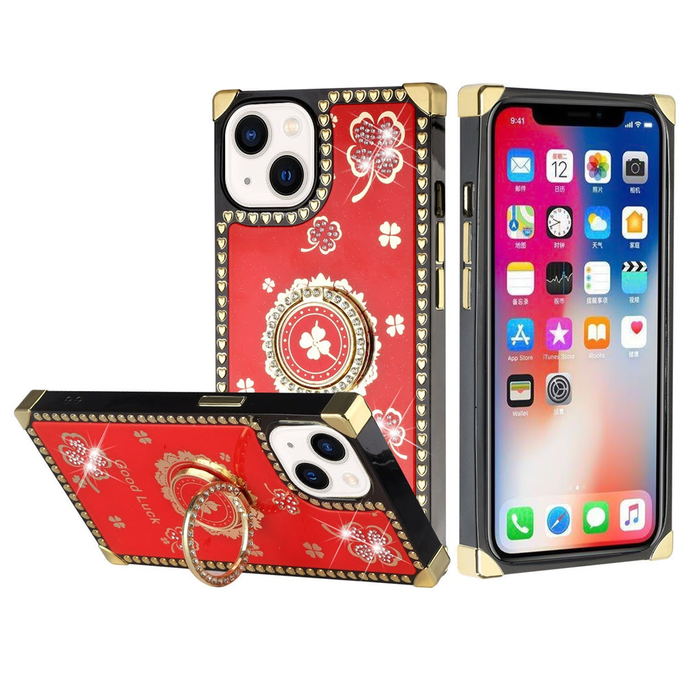 For Apple iPhone 11 (6.1") Fashion Art Square Hearts Diamond Bling Sparkly Glitter Ornaments with Ring Stand  Phone Case Cover