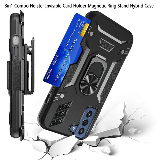 For Samsung Galaxy S22+ Plus Wallet Case with Invisible Credit Card Holder, 3 in 1 Combo Holster Clip and Ring Kickstand Black Phone Case Cover