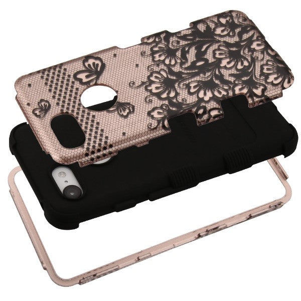 For Google Pixel 3 Hybrid Three Layer Hard PC Shockproof Heavy Duty TPU Rubber Anti-Drop Rose Gold Lace Flowers Phone Case Cover