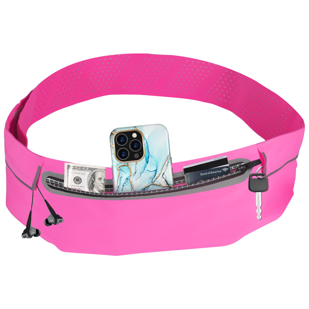 Universal Slim Atheletic Fabric Running Belt with Large Phone Pocket, Keys & Headset Holder Fanny Waist Pack for Hiking Running Fitness Glow in dark Universal Large Running Fanny Pack [Pink]