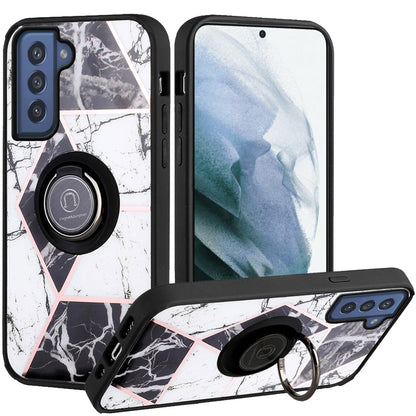 For Samsung Galaxy S22 Plus Marble Design with Magnetic Ring Kickstand Holder Hybrid TPU Hard PC Shockproof Armor Classy Black Phone Case Cover