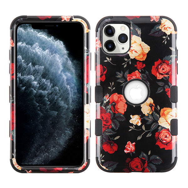 For Apple iPhone 11 Pro Hybrid Three Layer Hard PC Shockproof Heavy Duty TPU Rubber Anti-Drop Red and White Roses Phone Case Cover