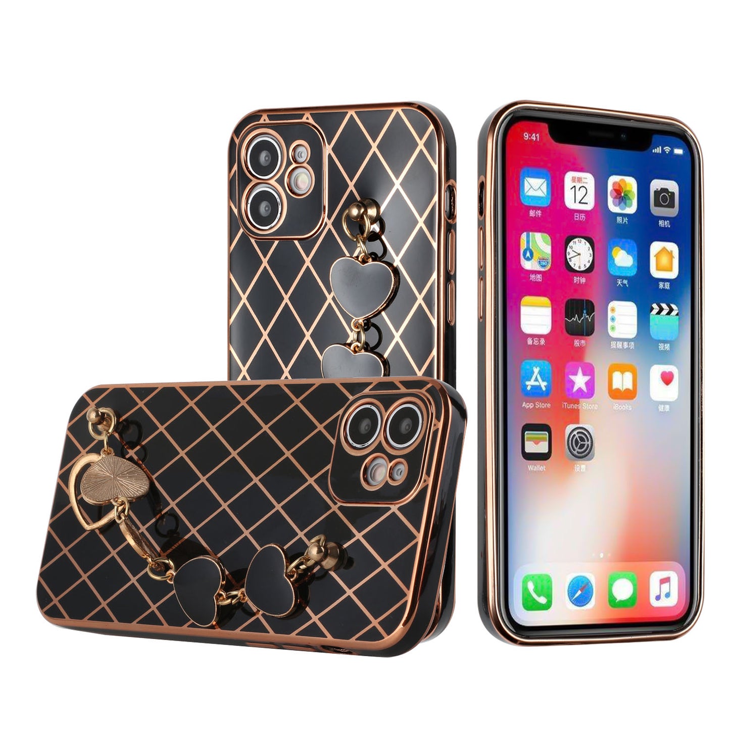 For Apple iPhone 11 (6.1") Electroplated Grid Diamond Lines with Hearts Chain Fashion Holder Hybrid Design TPU Hard PC  Phone Case Cover