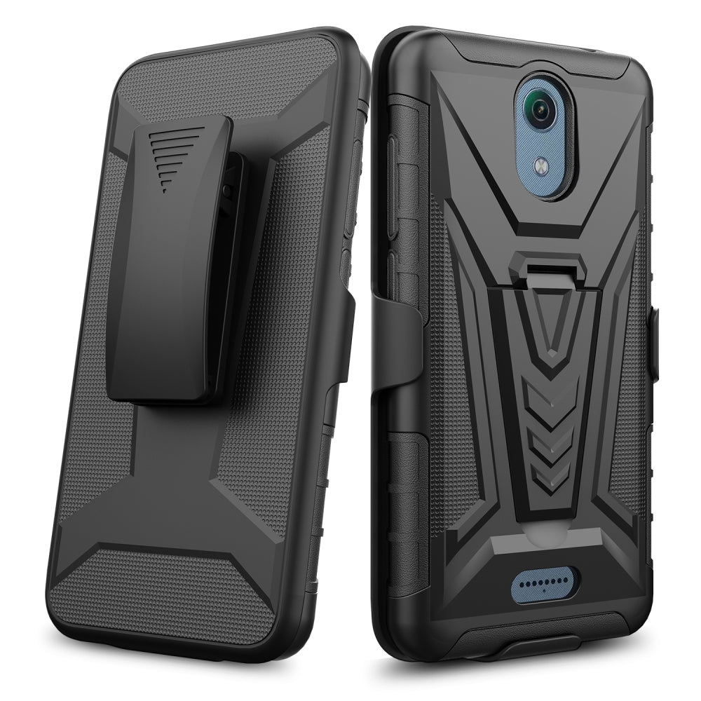 For AT&T Calypso Belt Clip Holster Dual Layer Shockproof with Clip On & Kickstand Heavy Duty Full Body 3in1 Hybrid Black Phone Case Cover