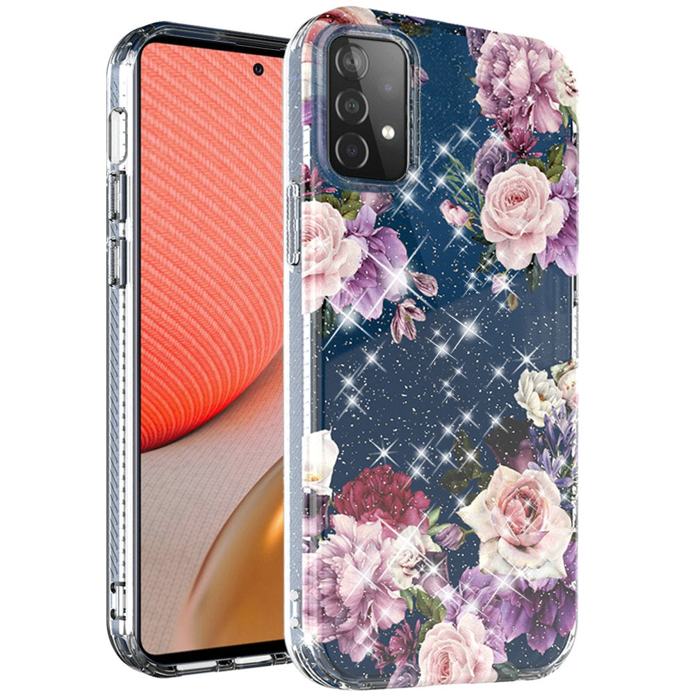 For Samsung Galaxy A72 5G Slim Hybrid Shiny Glitter Clear Floral Pattern Bloom Flower Design TPU Gel Hard PC Back  Phone Case Cover