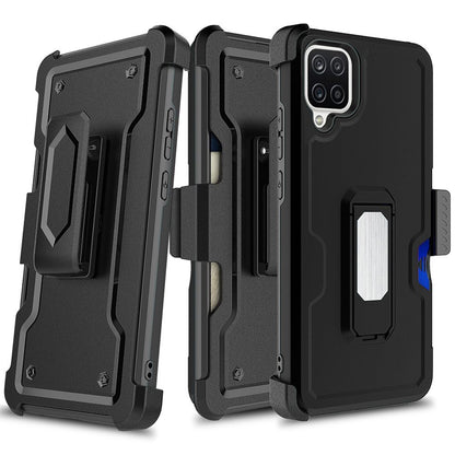 For Samsung Galaxy A42 5G Armor Belt Clip with Credit Card Holder, Holster, Kickstand Protective Full Body Heavy Duty Hybrid Black Phone Case Cover