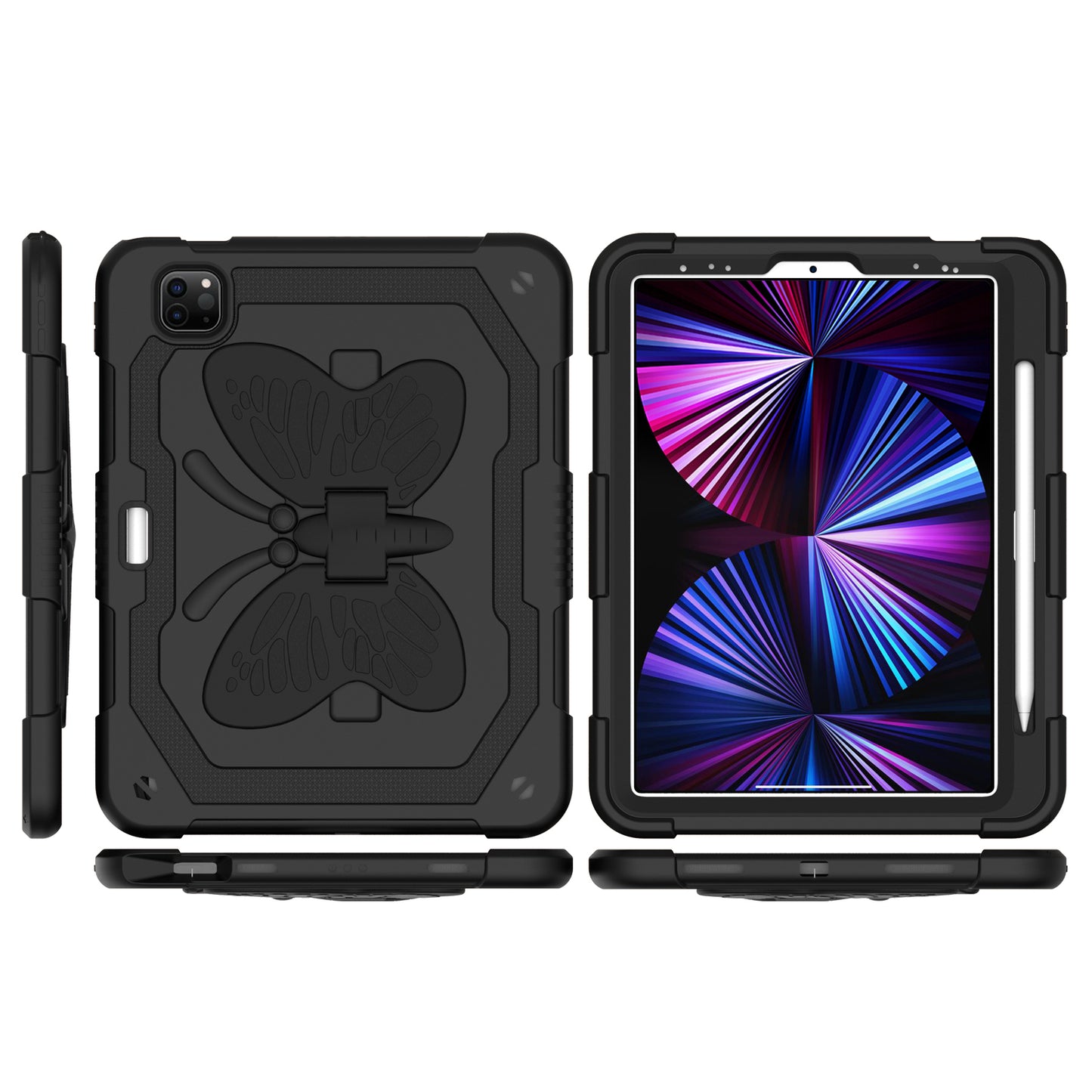 Case for Apple iPad Air 4 / iPad Air 5 / iPad Pro (11 inch) Butterfly Wings Kickstand 3in1 Tough Hybrid with Pencil Holder Heavy Duty Rugged Shockproof Full Protective Black Tablet Cover