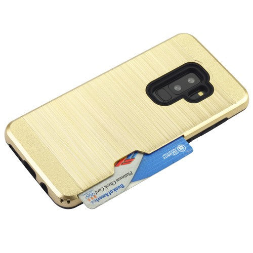 For Samsung Galaxy S9 Plus Card Wallet Dual Layer Brushed Hybrid Protector TPU Credit Card Slot Gold Phone Case Cover