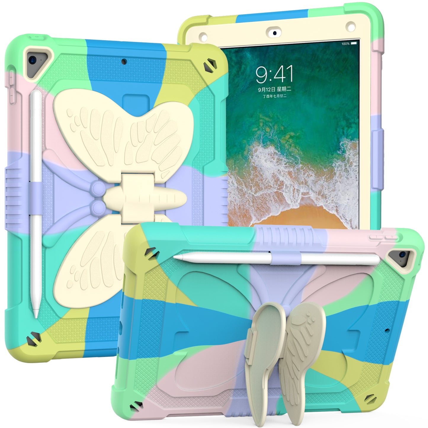 Case for Apple iPad Air 4 / iPad Air 5 / iPad Pro (11 inch) Butterfly Wings Kickstand 3in1 Tough Hybrid with Pencil Holder Heavy Duty Rugged Shockproof Full Protective Rainbow Tablet Cover