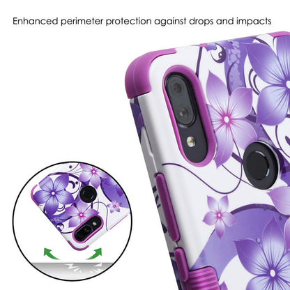 For Alcatel 3V 5032w (2019) Hybrid Three Layer Hard PC Shockproof Heavy Duty TPU Rubber Anti-Drop Purple Hibiscus Phone Case Cover