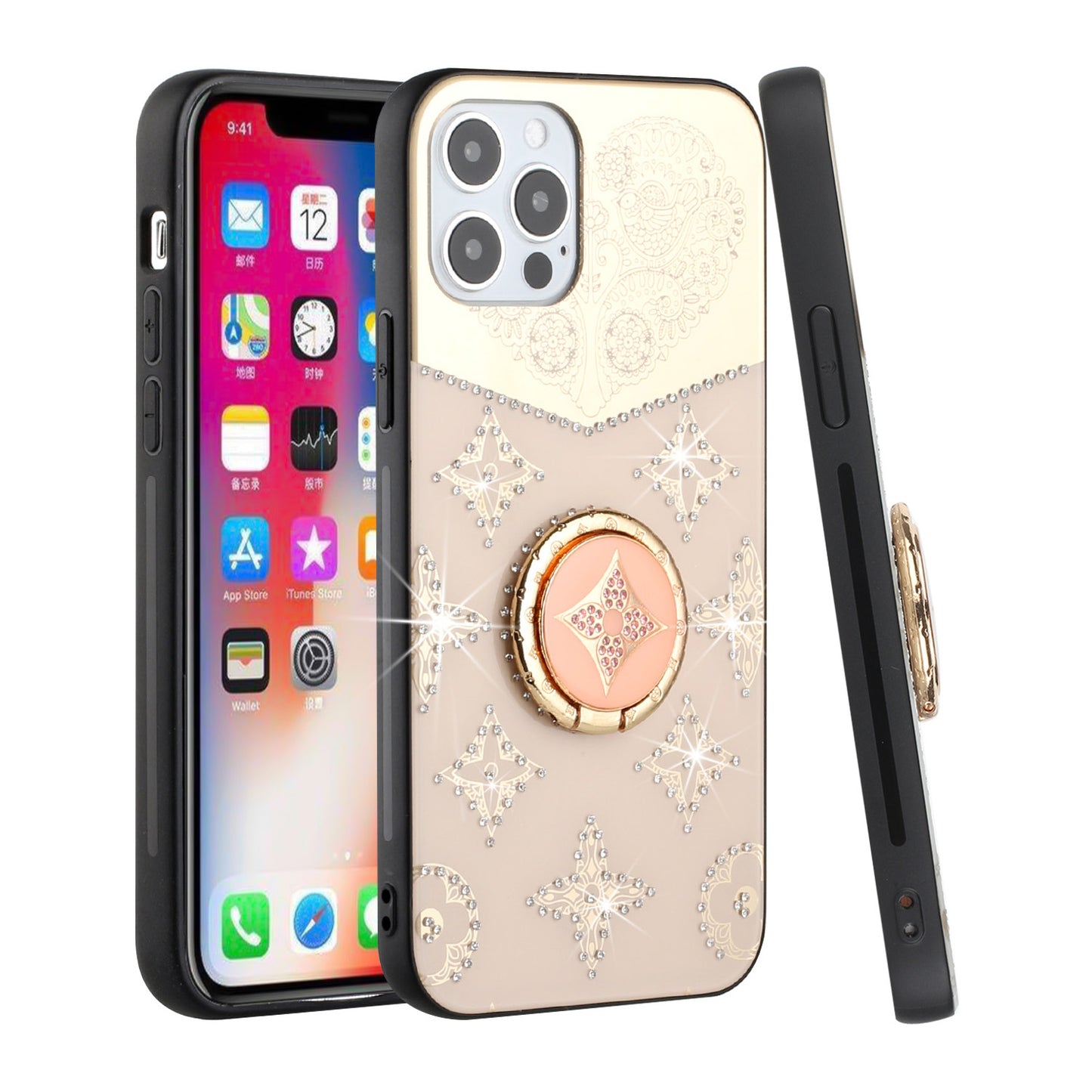 For Apple iPhone 13 Pro (6.1") Diamond Bling Sparkly Glitter Ornaments Engraving Hybrid Armor with Ring Stand Holder Rugged Fashion  Phone Case Cover