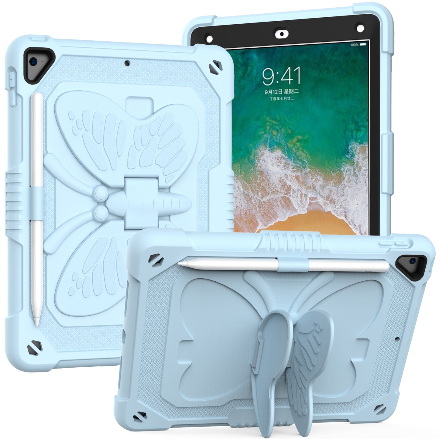 Case for Apple iPad Air 4 / iPad Air 5 / iPad Pro (11 inch) Butterfly Wings Kickstand 3in1 Tough Hybrid with Pencil Holder Heavy Duty Rugged Shockproof Full Protective Light Blue Tablet Cover