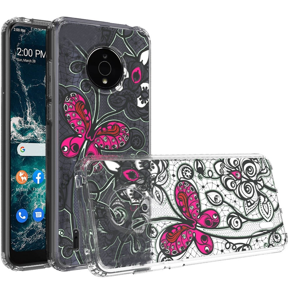 For Nokia C200 Pattern Fashion Design Ultra Thin Clear Hybrid Rubber Gummy TPU Grip + Hard PC Back Shockproof  Phone Case Cover