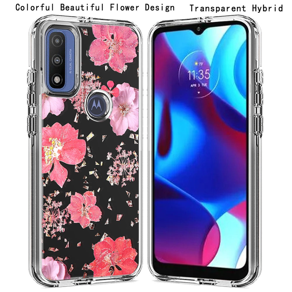 For Motorola Moto G Power 2022 (6.5") Glitter Floral Print Pattern Clear Design Shockproof Hybrid Fashion Sparkle Rubber TPU  Phone Case Cover