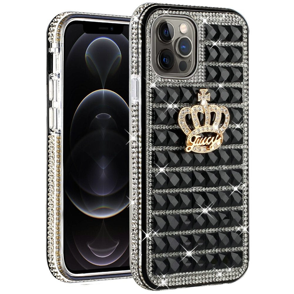 For Apple iPhone 12 Pro Max (6.7") Fashion Luxury 3D Bling Diamonds Rhinestone Jeweled Ornament Shiny Crystal Hybrid Hard  Phone Case Cover