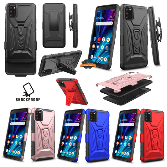 For TCL A3 /A509DL Hybrid Armor Kickstand with Swivel Belt Clip Holster Heavy Duty 3 in 1 Defender Shockproof Rugged Black Phone Case Cover