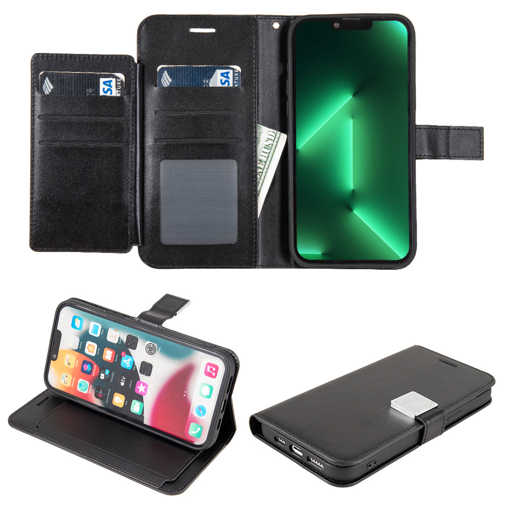 Black Leather Magnetic Wallet Case for iPhone 14 PLUS (6.7