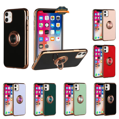 For Apple iPhone 11 (6.1") Slim Hybrid Metal Finger Ring Stand Electroplated Edges TPU Frame Shock-Absorption Bumper  Phone Case Cover