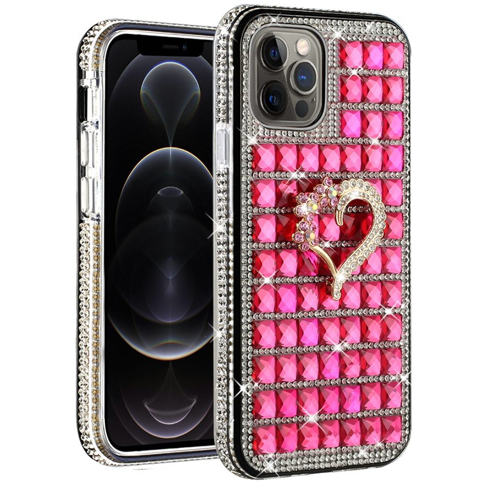 For Apple iPhone 12 /12 Pro (6.1") Fashion Luxury 3D Bling Diamonds Rhinestone Jeweled Ornament Shiny Crystal Hybrid Hard  Phone Case Cover