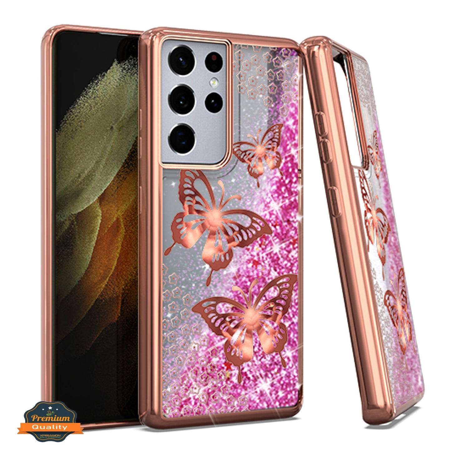 For Motorola Moto G 5G 2022 Quicksand Liquid Glitter Bling Flowing Sparkle Hybrid TPU Chrome Plating Rubber Hard PC Butterfly Phone Case Cover