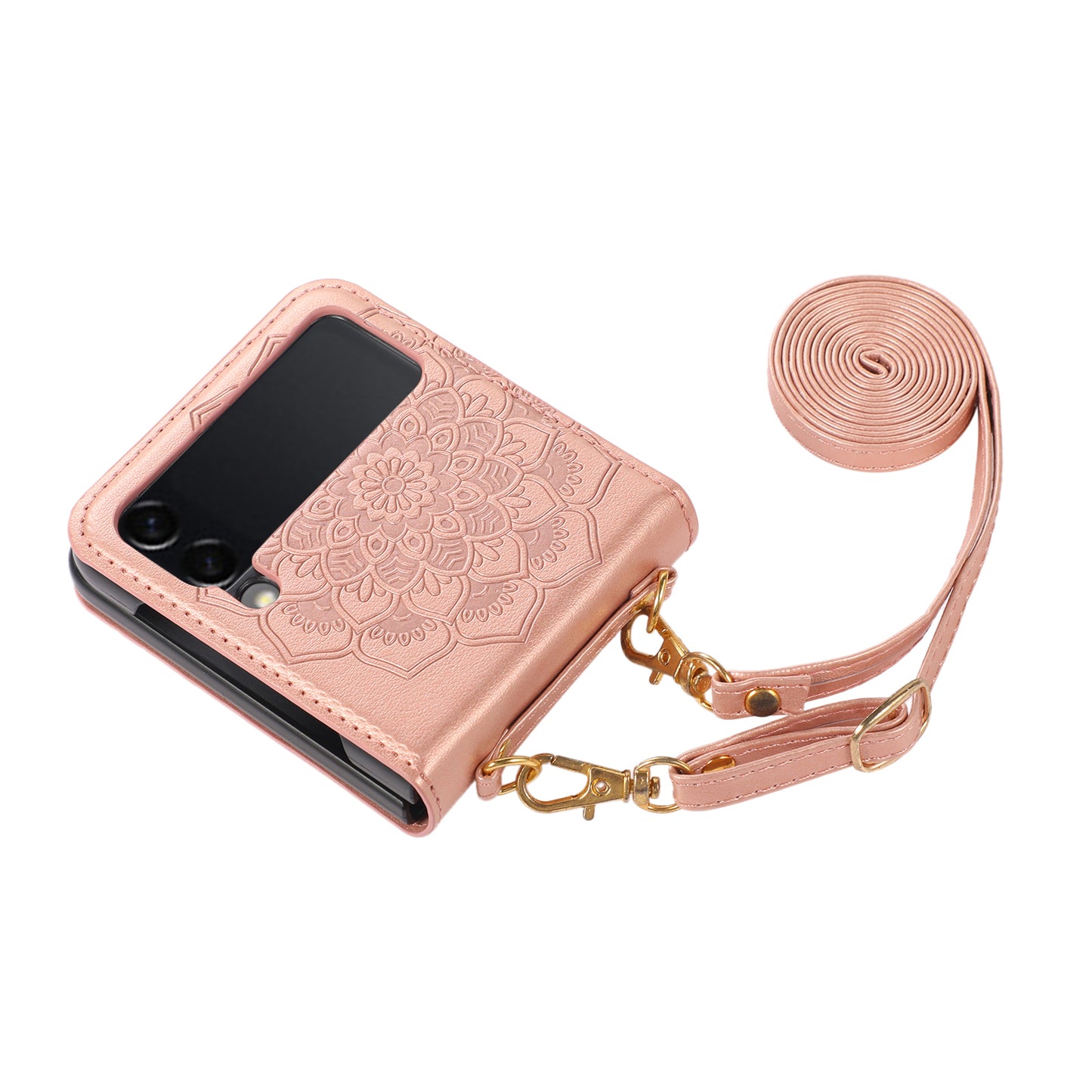 For Samsung Galaxy Z Flip 4 5G Embossed Floral Henna Mandala Design PU Leather with Strap Lanyard Hybrid Protective  Phone Case Cover