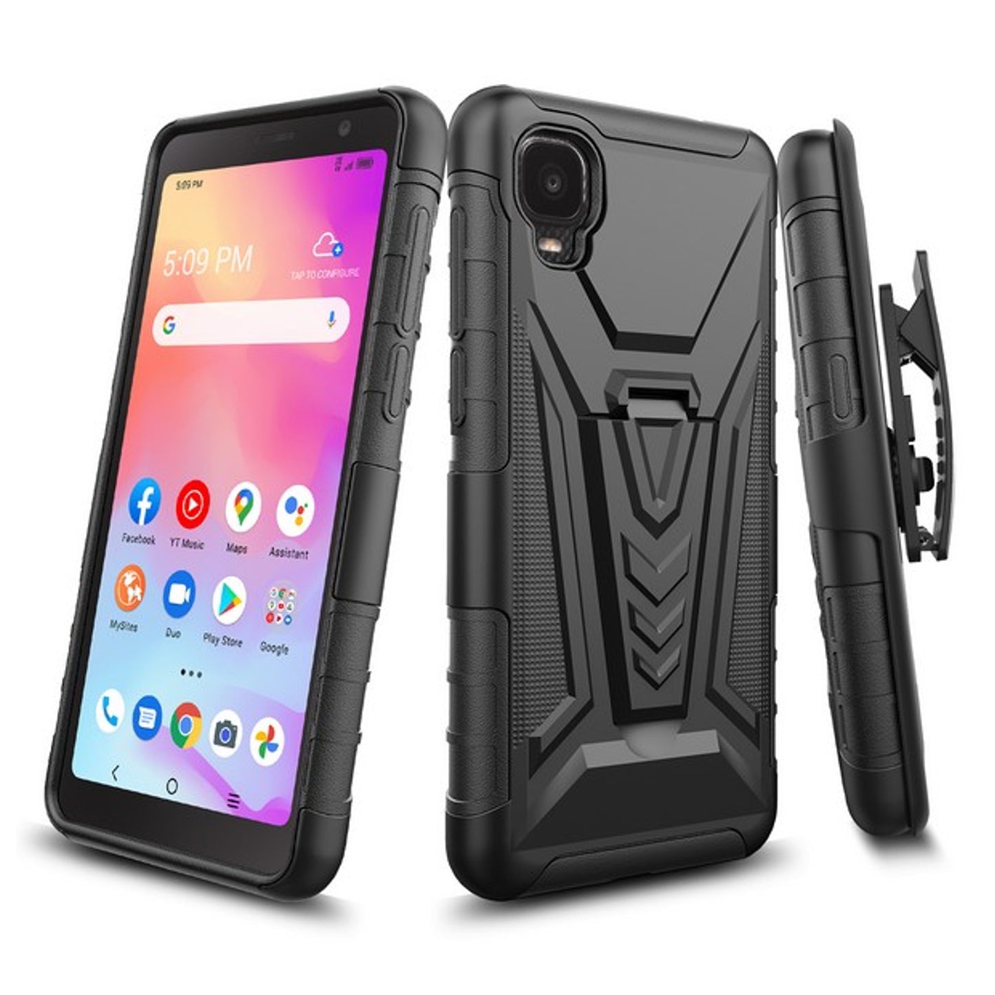 For TCL A3 /A509DL Hybrid Armor Kickstand with Swivel Belt Clip Holster Heavy Duty 3 in 1 Defender Shockproof Rugged Black Phone Case Cover