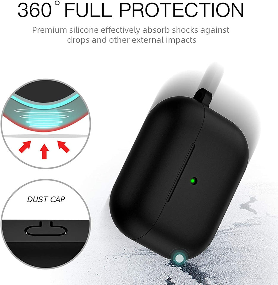 For Apple AirPods 3 (2021) Full Protective Silicone TPU Skin Accessories with Keychain [Front LED Visible] Hybrid Shockproof Black