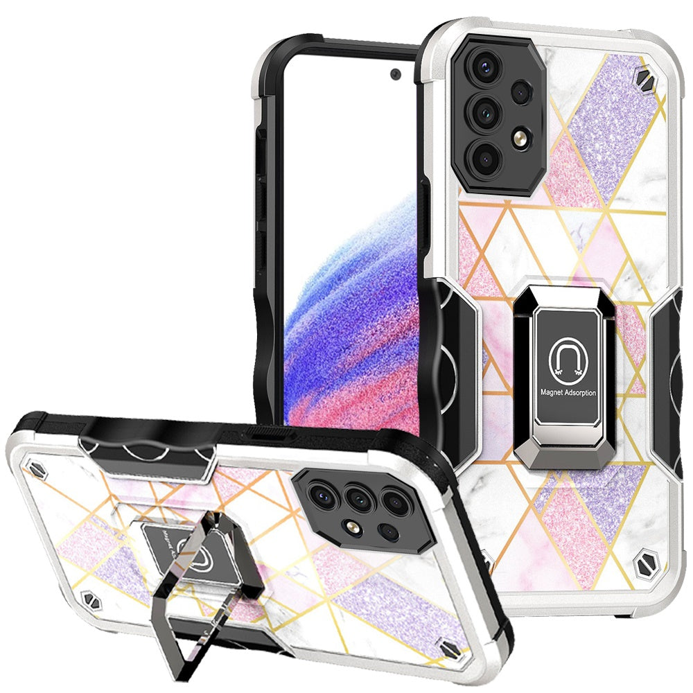 For Samsung Galaxy A53 5G Marble IMD Stone Design Hybrid Armor with Magnetic Ring Stand Kickstand Heavy Duty Rugged Shockproof  Phone Case Cover