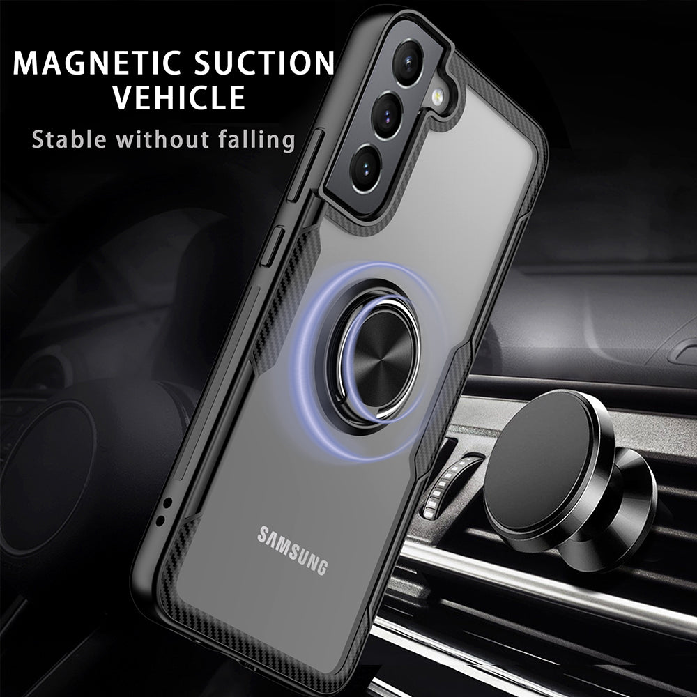 For Samsung Galaxy S22 /Plus Ultra Hybrid Clear Carbon Fiber Trim & Rubber TPU Bumper 360° Rotating Magnetic Finger Ring Stand  Phone Case Cover