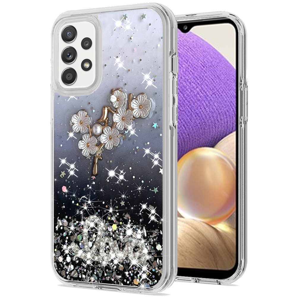 For Samsung Galaxy S22 /Plus Ultra Flowers Bling Glitter Iridescent Love Floral 3D Ornament Slim TPU Hybrid Sparkle Stars Shockproof  Phone Case Cover