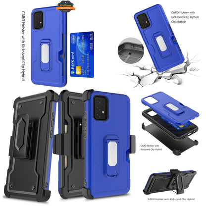 For Samsung Galaxy A22 5G Armor Belt Clip with Credit Card Holder, Holster, Kickstand Protective Full Body Heavy Duty Hybrid Blue Phone Case Cover