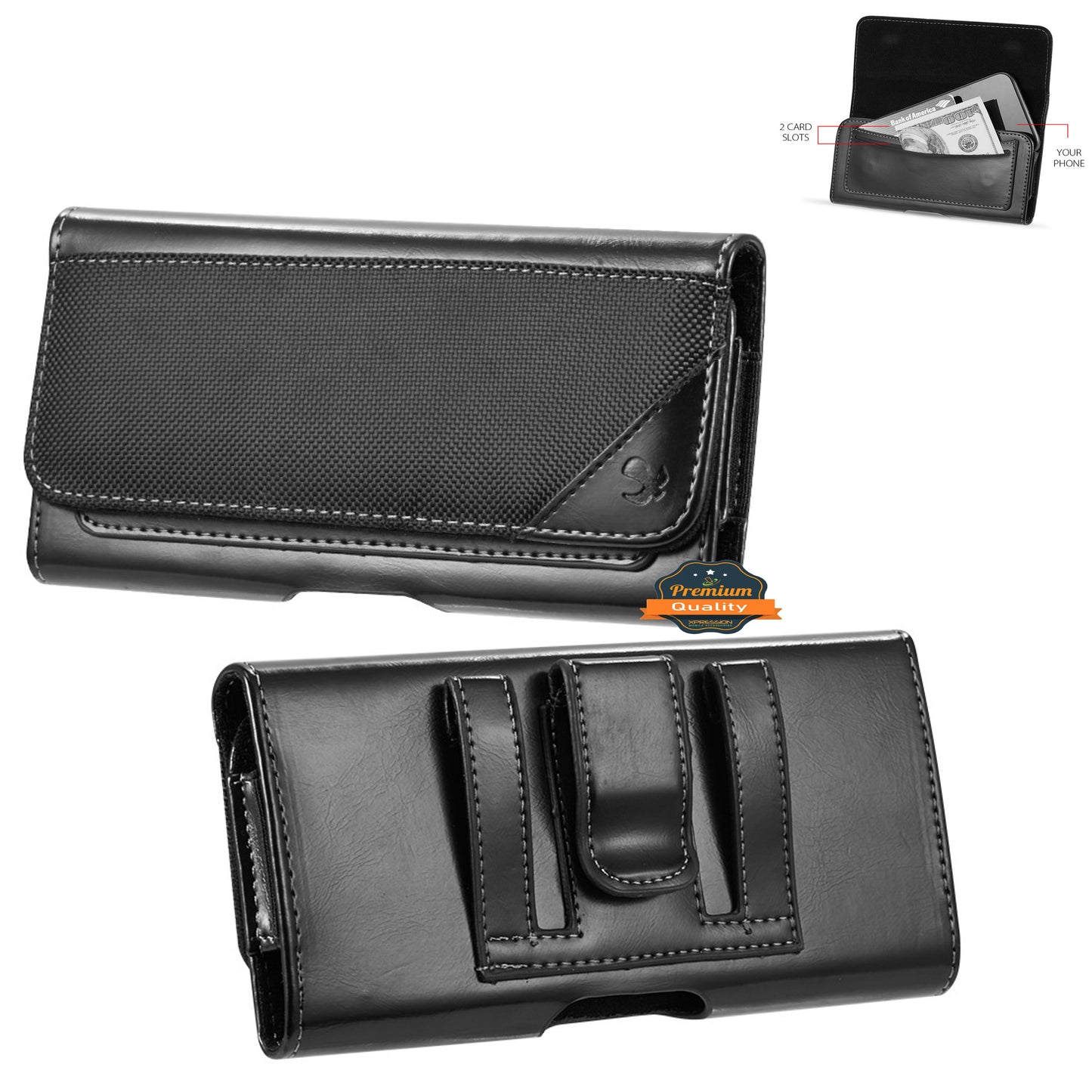 For Samsung Galaxy A23 5G Universal Horizontal Pouch Case PU Leather Cell Phone Holster with Belt Clip Loop and 2 Credit Card Slot Pocket Cover [Black]