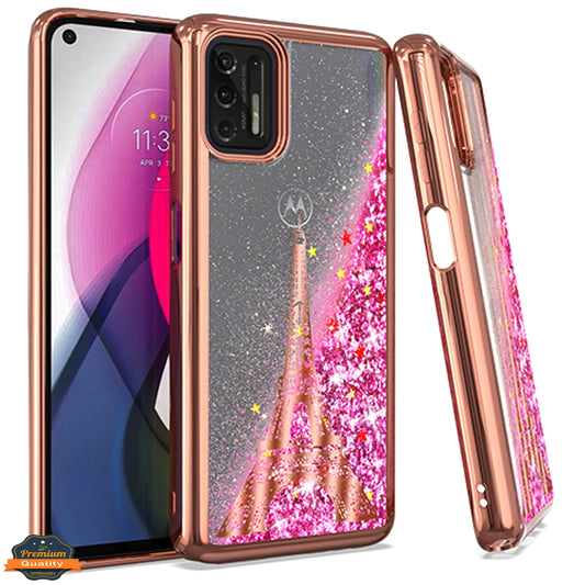 For Motorola Moto G 5G 2022 Quicksand Liquid Glitter Bling Flowing Sparkle Hybrid TPU Chrome Plating Rubber Hard PC Paris Eiffel Tower Phone Case Cover