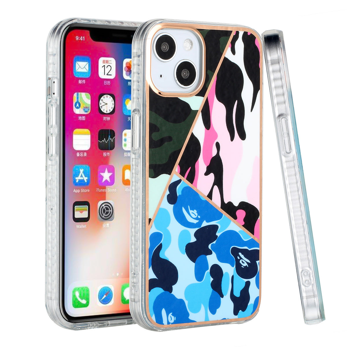 For Apple iPhone 13 /Pro Max Stylish Print Design Hybrid Protective Hard PC Rubber TPU Slim Hard Back Cover Camo Blue Pink Phone Case Cover