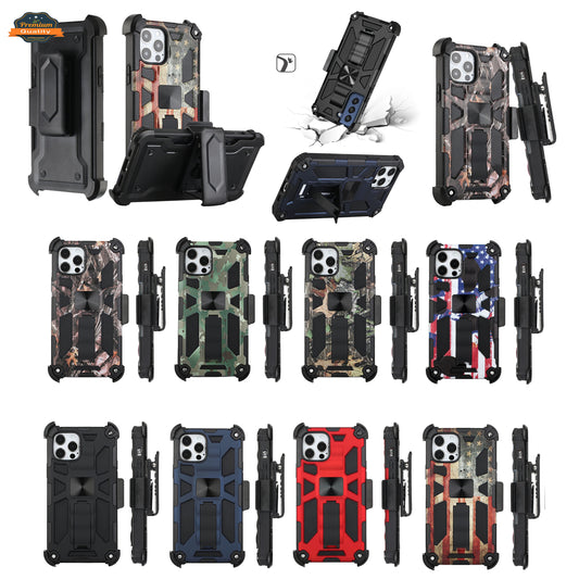 For Apple iPhone 13 Pro Max (6.7") Hybrid 3in1 Combo Holster Belt Clip with Kickstand, Full-Body Protective Military-Grade  Phone Case Cover