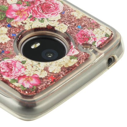 For Motorola Moto E4 Plus (XT1773) Quicksand Liquid Glitter Bling Hybrid Image Flowing Sparkle Protector TPU Skin European Rose Gold Flowers Phone Case Cover