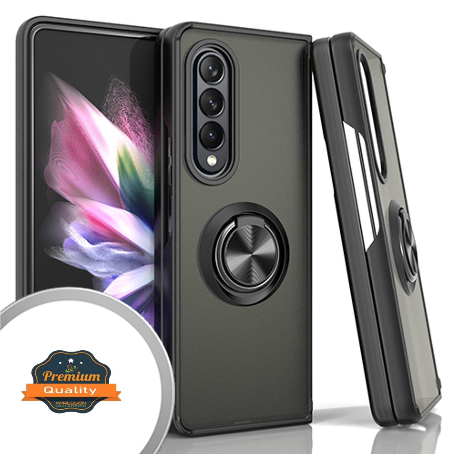 For Samsung Galaxy Z Fold 3 5G Finger Ring Stand Holder Kickstand Hybrid Frosted Matte Silicone TPU Hard PC Frame Shock-Absorption  Phone Case Cover