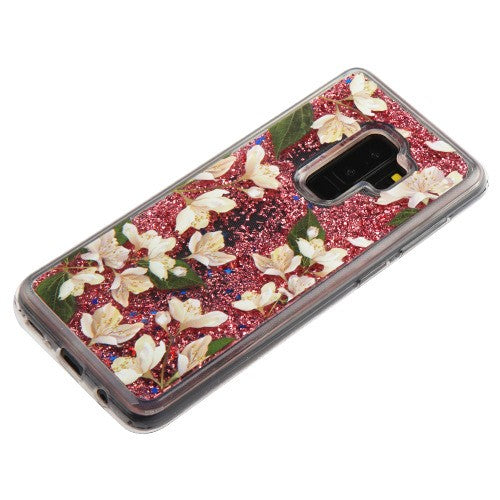 For Samsung Galaxy S9 Plus Quicksand Liquid Glitter Bling Hybrid Image Flowing Sparkle Protector Skin Sally Flower Phone Case Cover