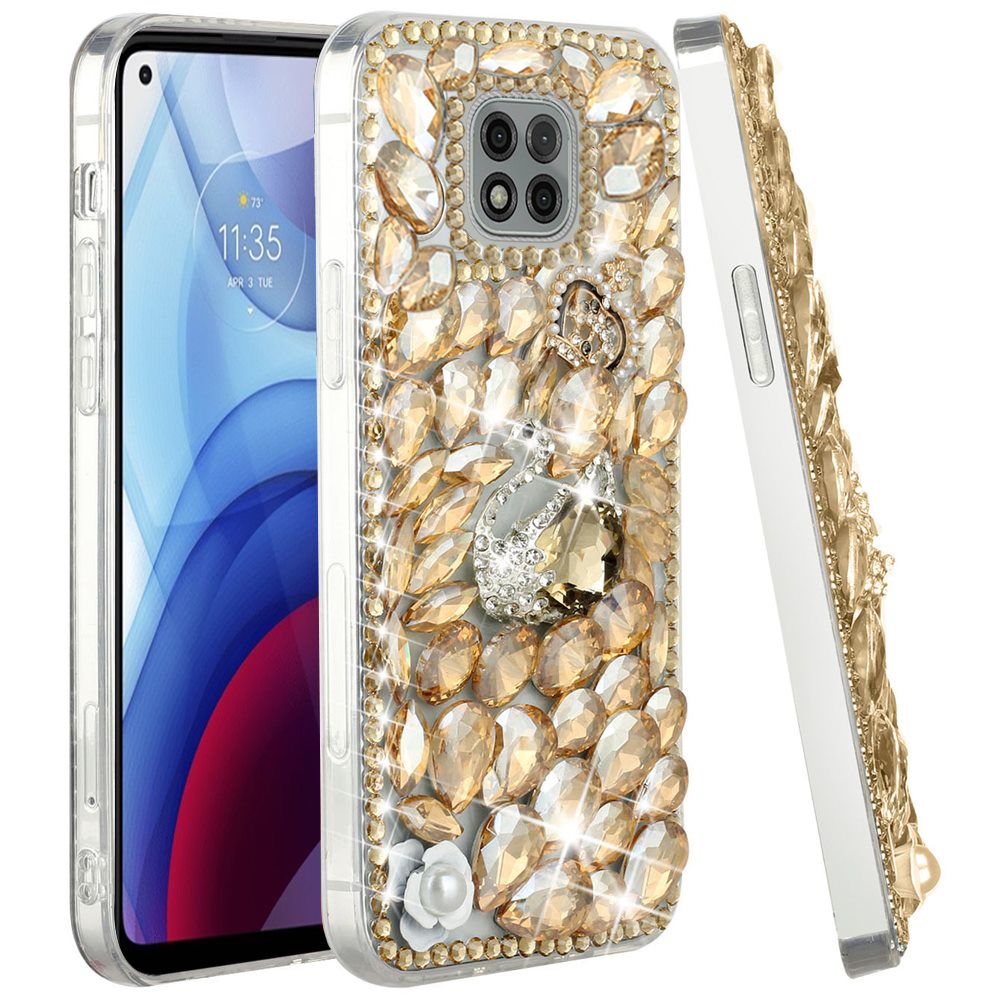 For Motorola Edge+ 2022 /Edge Plus Bling Clear Crystal 3D Full Diamonds Luxury Sparkle Rhinestone Hybrid Protective Gold Swan Crown Pearl Phone Case Cover