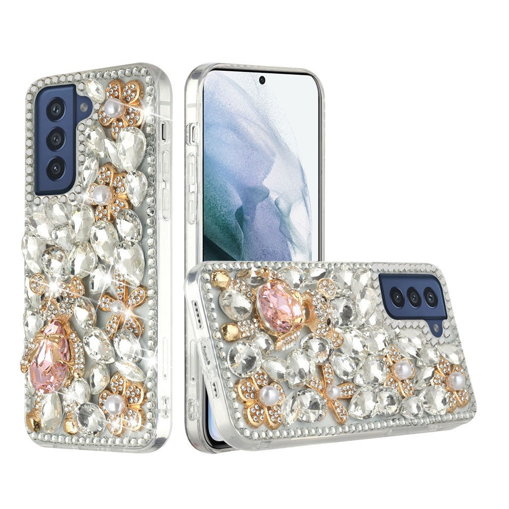 For Samsung Galaxy S22 Bling Clear Crystal 3D Full Diamonds Luxury Sparkle Rhinestone Hybrid TPU Protective Silver Panda Floral Phone Case Cover