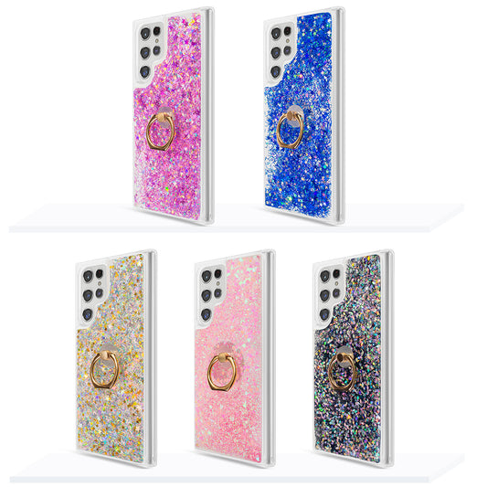 For Samsung Galaxy S22 /Plus Ultra Hybrid Glitter Luxury Bling Sparkling Liquid Quicksand Glittering Sparkle TPU Rubber PC with Ring Stand Holder Kickstand  Phone Case Cover