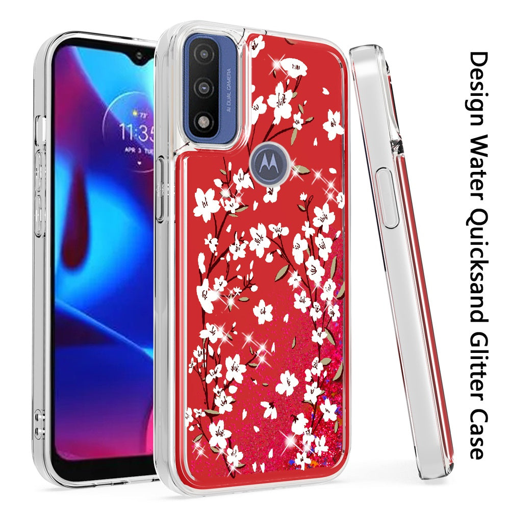 For Motorola Moto G Power 2022 Floral Design Quicksand Water Flowing Liquid Floating Sparkle Glitter Bling Flower Fashion Hybrid Hard  Phone Case Cover