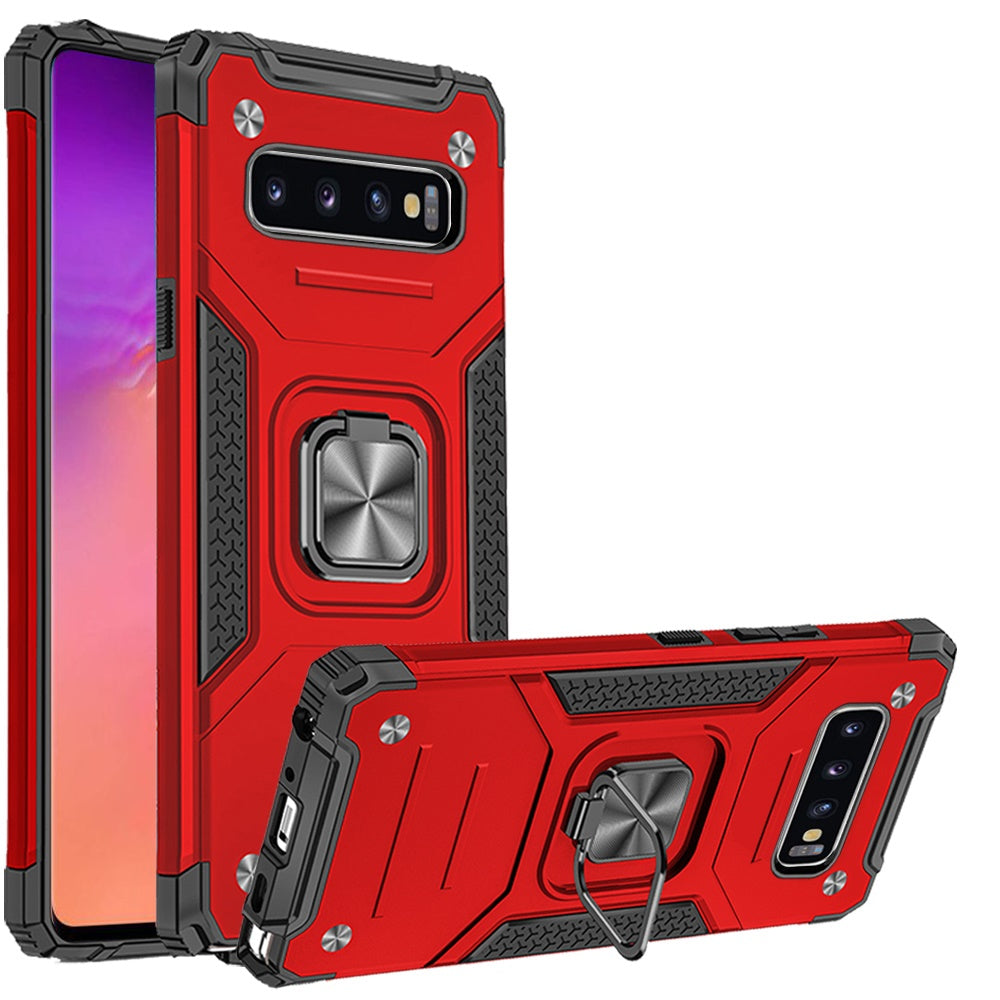 For Samsung Galaxy S10+ Plus Armor Hybrid with Ring Stand Holder Kickstand Shockproof Heavy-Duty Durable Rugged 2in1 Red Phone Case Cover