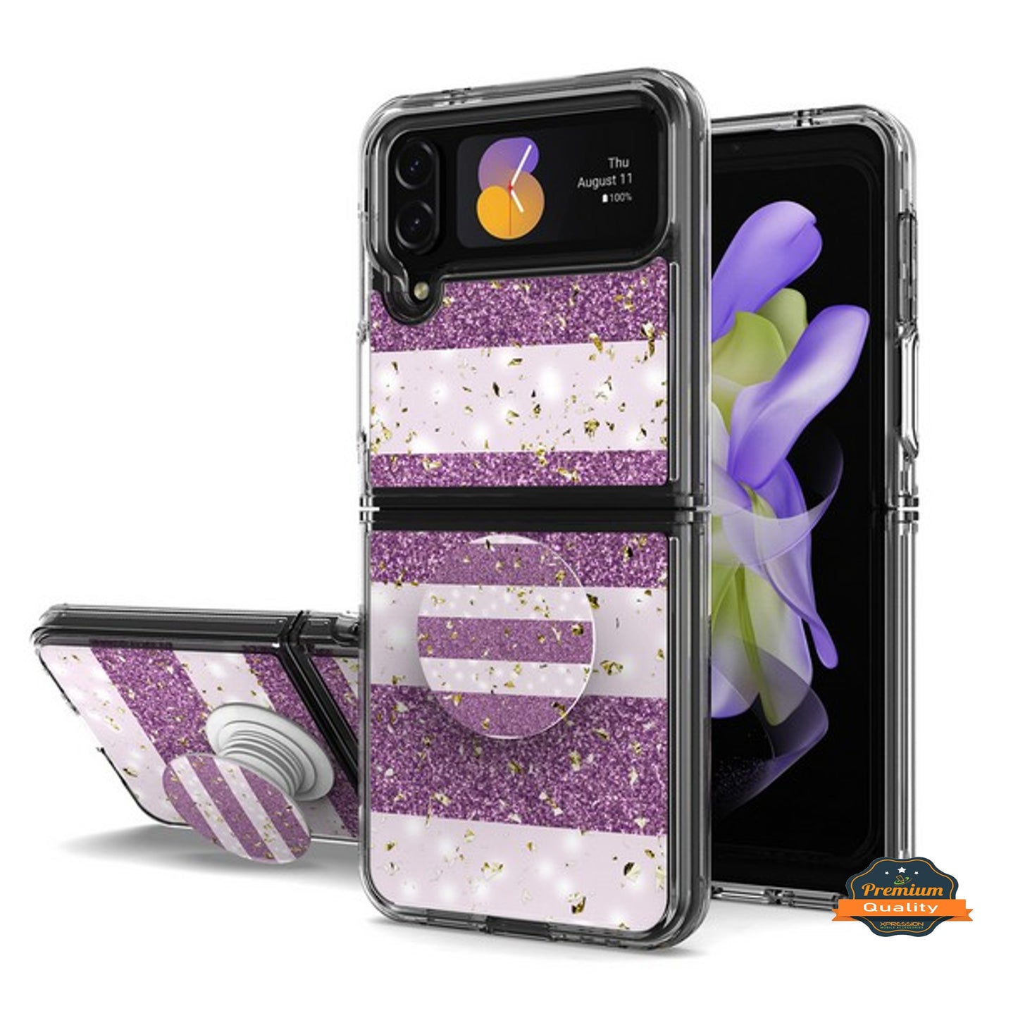 For Samsung Galaxy Z Flip 4 5G Elegant Pattern Design Glitter Hybrid with Ring Stand Pop Up Finger Holder Kickstand  Phone Case Cover